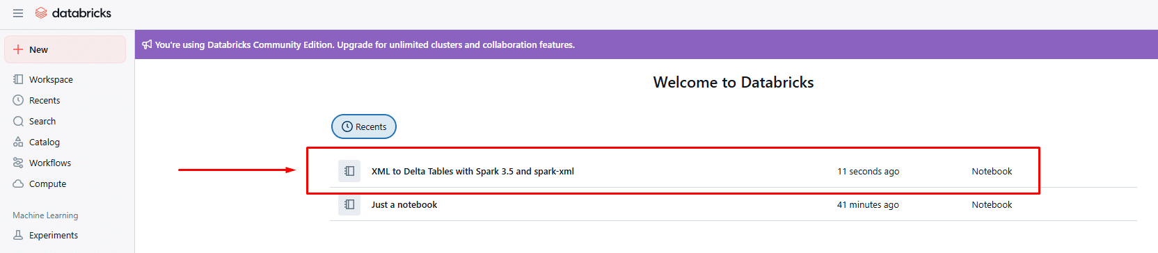 Databricks interface showcasing recent notebooks for efficient data management
