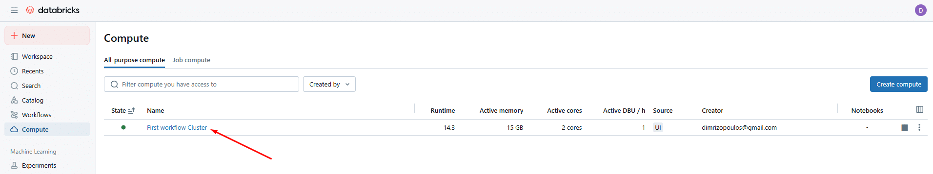 Databricks interface showing compute configurations for data analysis