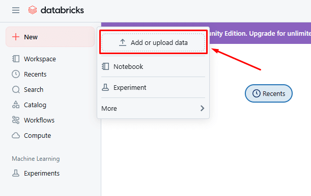 Databricks interface showing data upload feature for efficient analytics