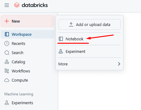 Databricks workspace interface highlighting notebook creation option