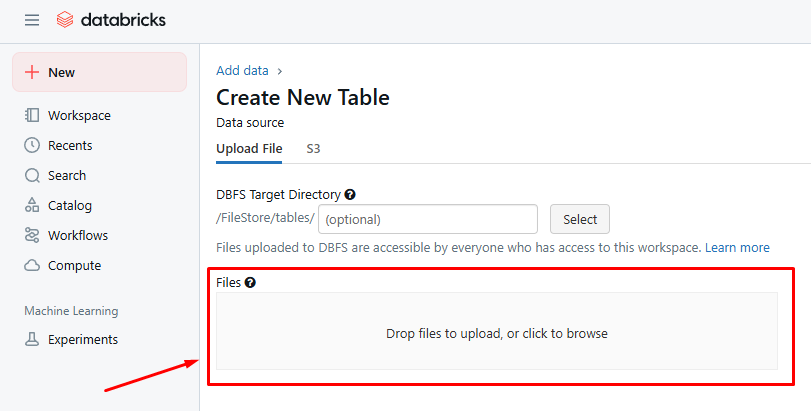 Upload files to create new tables in Databricks workspace interface