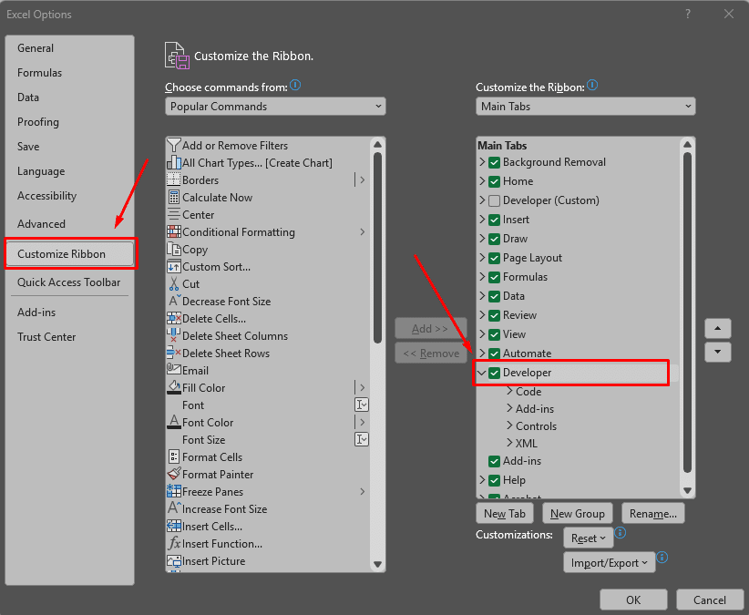 Customize Excel ribbon to enhance productivity with developer features.