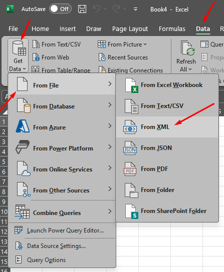Excel data import options highlighting XML integration for efficiency