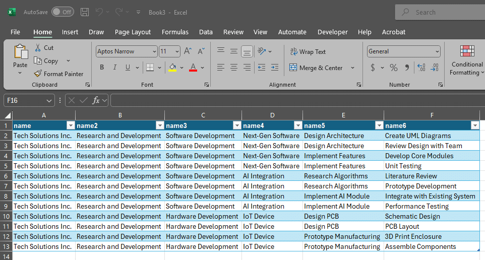 Excel spreadsheet displaying project tasks for software and hardware development