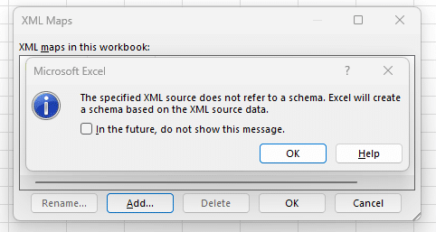 Excel XML maps alert for schema creation guidance. Optimize data management.