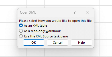 Open XML options dialog for selecting file formats in Excel