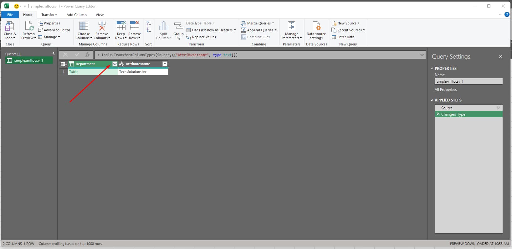 Power Query interface for transforming data in Excel analytics.