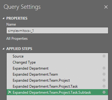 Query settings interface for data transformation in Excel Power Query