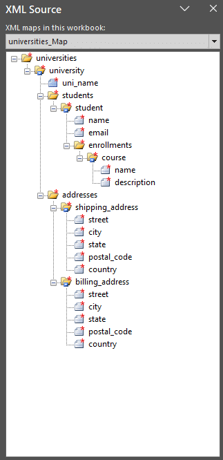 XML structure showcasing universities student data and address details