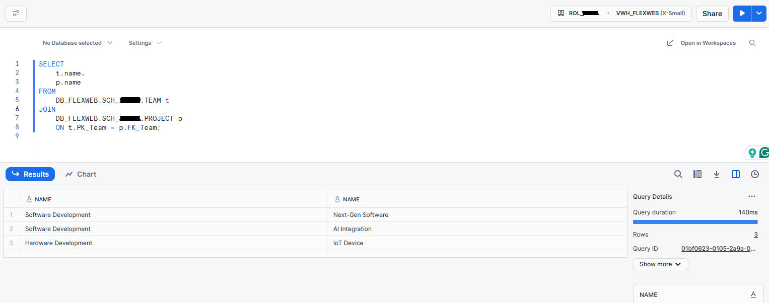 Database query results for project and team names in software development