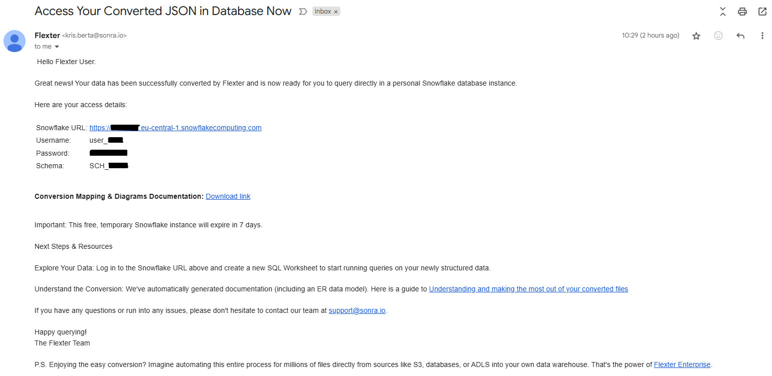 Email notification with access details for converted JSON database data