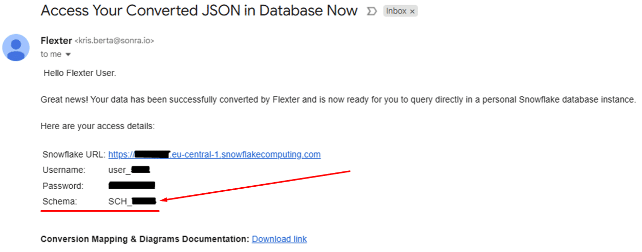 Email outlining access to converted JSON data in Snowflake database.