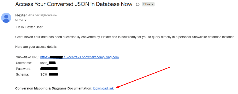 Flexter email providing access to converted JSON and documentation link