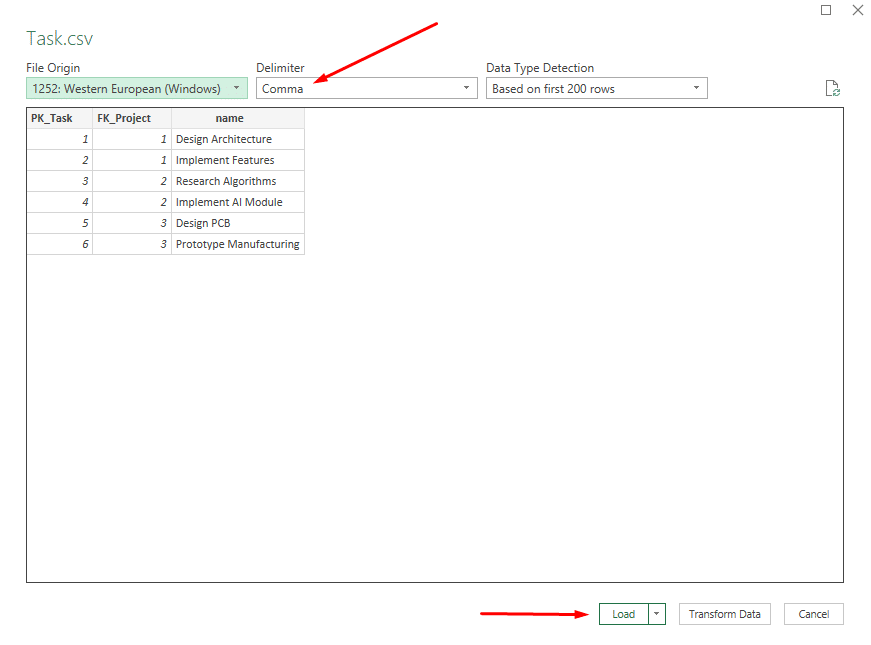 Importing CSV data with Excel showing delimiter options and project tasks
