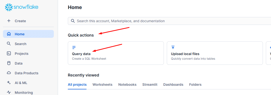 Snowflake dashboard quick actions for data querying and file uploads