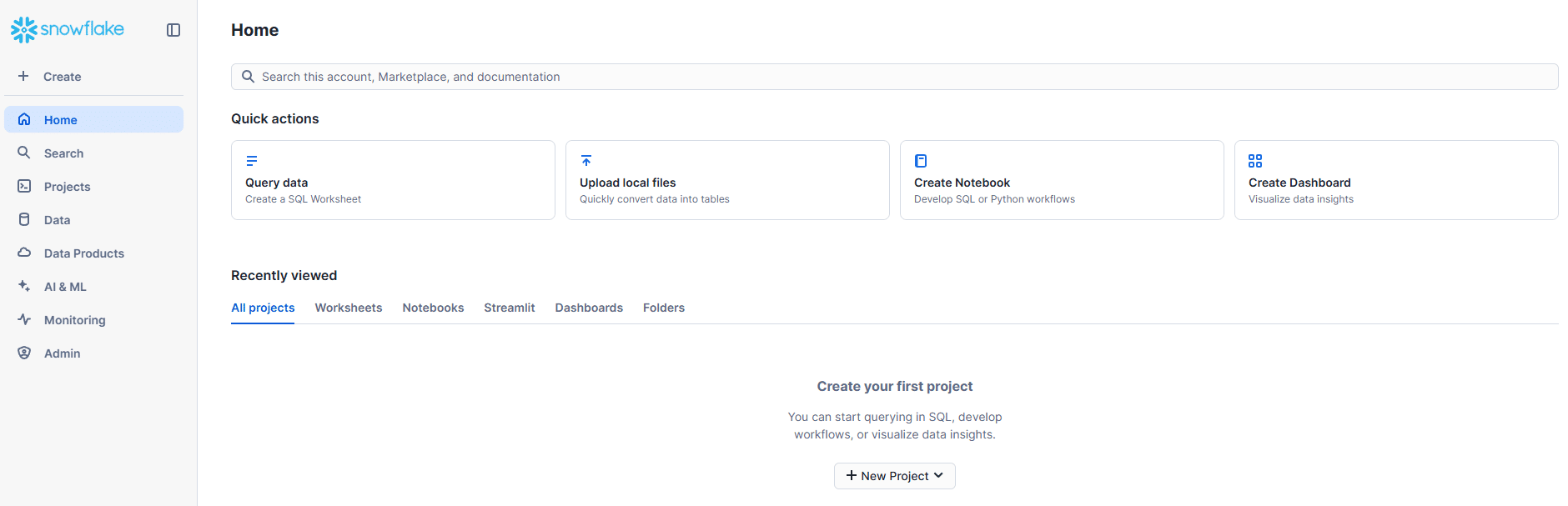 Snowflake dashboard showcasing data project management tools and features