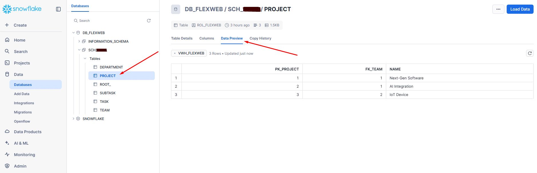 Snowflake database interface displaying project table and data preview