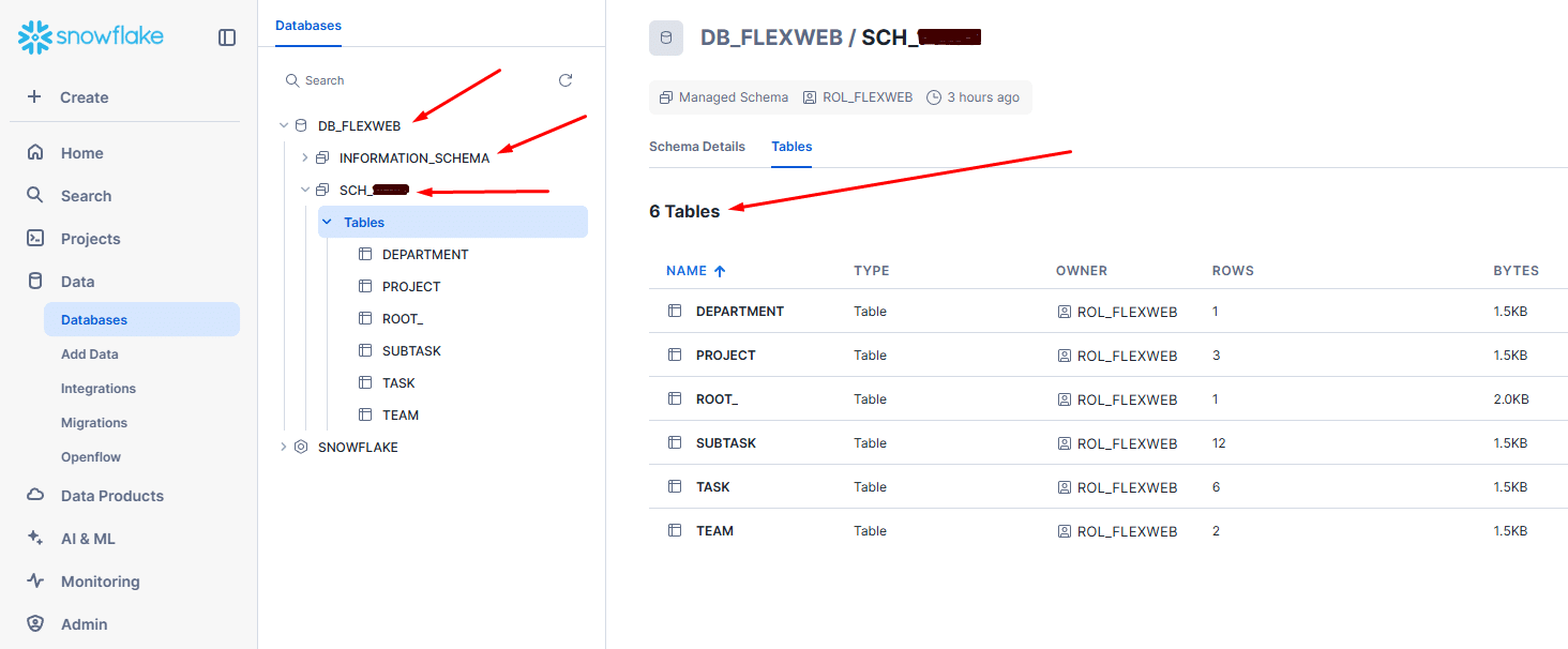 Snowflake database schema with table details and management options displayed