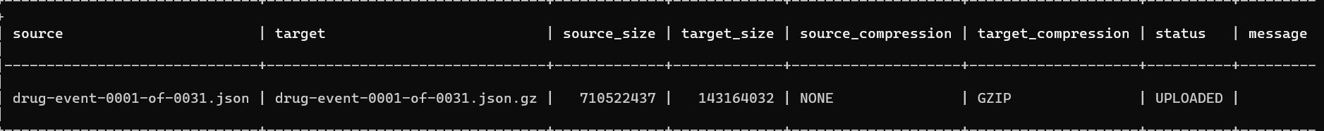 Data processing table showing source target sizes and compression status