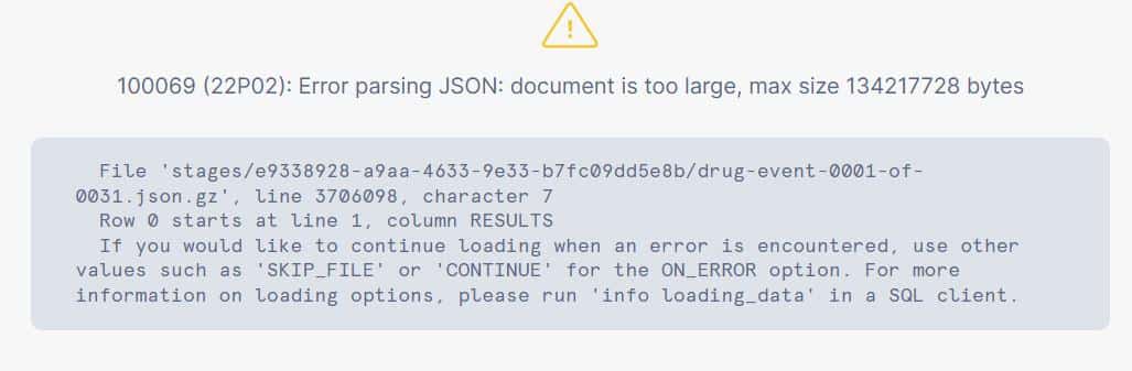 Error message indicating JSON parsing failure due to file size limit