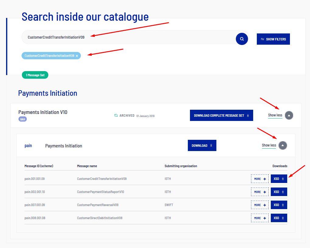 Screenshot showing how to search the ISO 20022 catalogue and download XSD files for CustomerCreditTransferInitiationV09 payment messages.