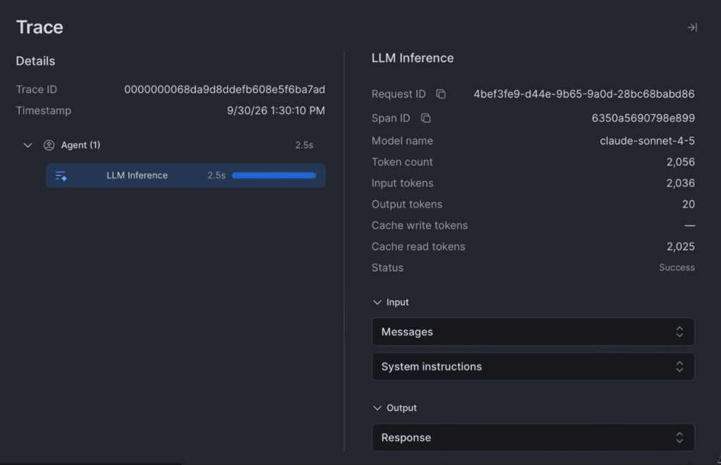 LLM inference trace screen displaying cache read hit metrics, token counts, and execution details for Claude Sonnet.