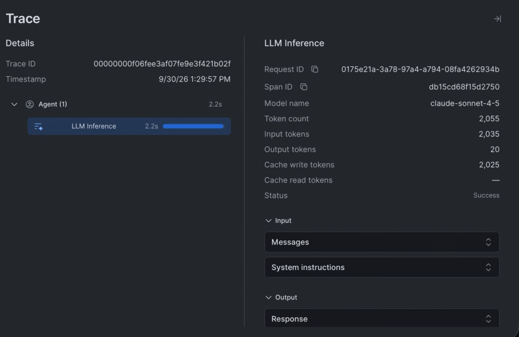 LLM inference trace dashboard displaying request metrics, token counts, and execution details for Claude Sonnet.